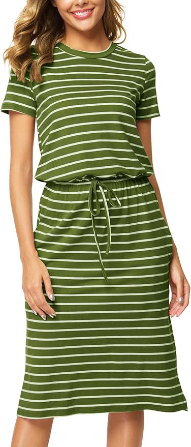 Simier Fariry Womens Spring Hide Belly Knee Length Travel Dress Pocket Summer Short Sleeve Midi Work Casual Outfits