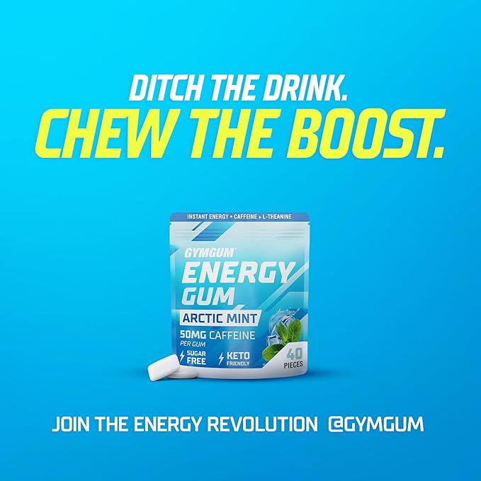 GYMGUM Energy Caffeine Gum | 50mg Caffeine | Sugar-Free, Keto-Friendly | Fast-Acting Energy & Focus Gum with Guarana & L-Theanine (40 Count, Arctic Mint)