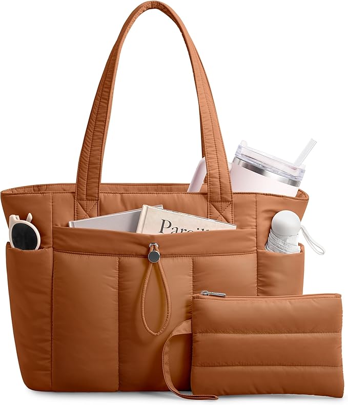 TOPDesign Puffy Tote Bag for Women with Cup Holder & Laptop Compartment & Cosmetic Bag & Trolley Sleeve for Work, Travel