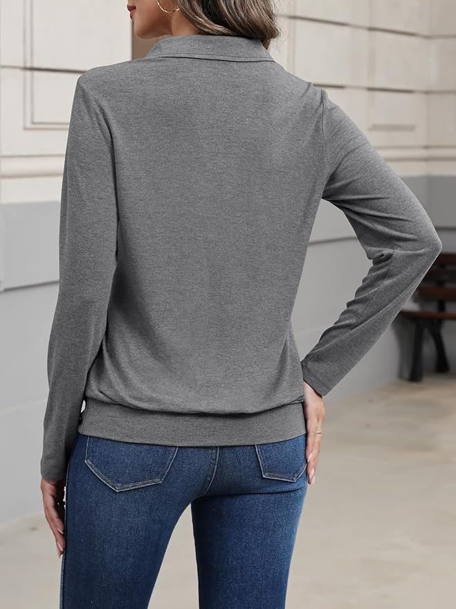 Womens Polo Shirts Long Sleeve Banded Bottom Tops Business Casual Tops Collared V Neck Blouses