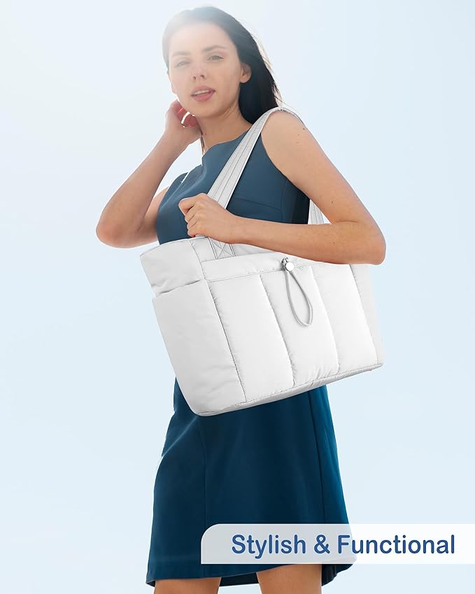 TOPDesign Puffy Tote Bag for Women with Cup Holder & Laptop Compartment & Cosmetic Bag & Trolley Sleeve for Work, Travel