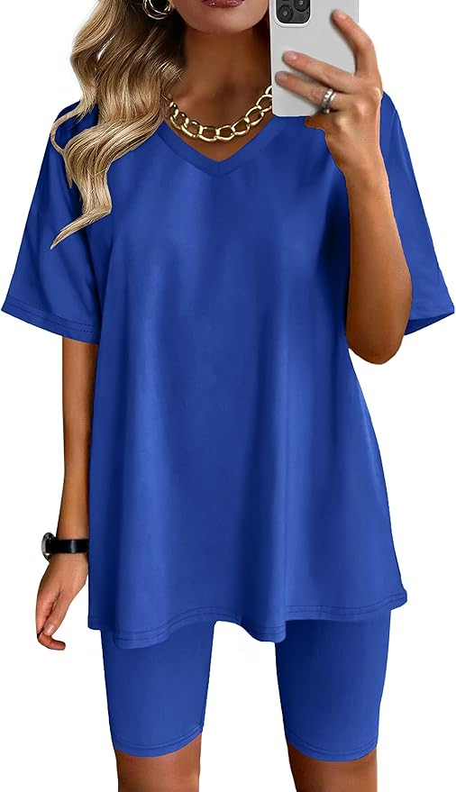 AGSEEM Two Piece Outfits For Women Summer V Neck T-Shirt Tops Biker Shorts Workout Sports Tracksuit