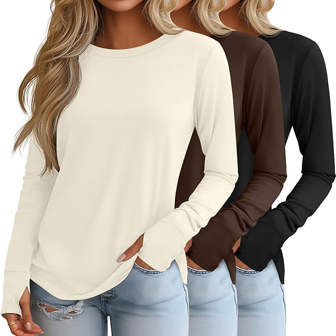 Huukeay 3 Pack Women's Long Sleeve Shirts with Thumb Holes, Cotton Casual Crew Neck Tunic Tops Fall Loose Y2k Trendy Outfits