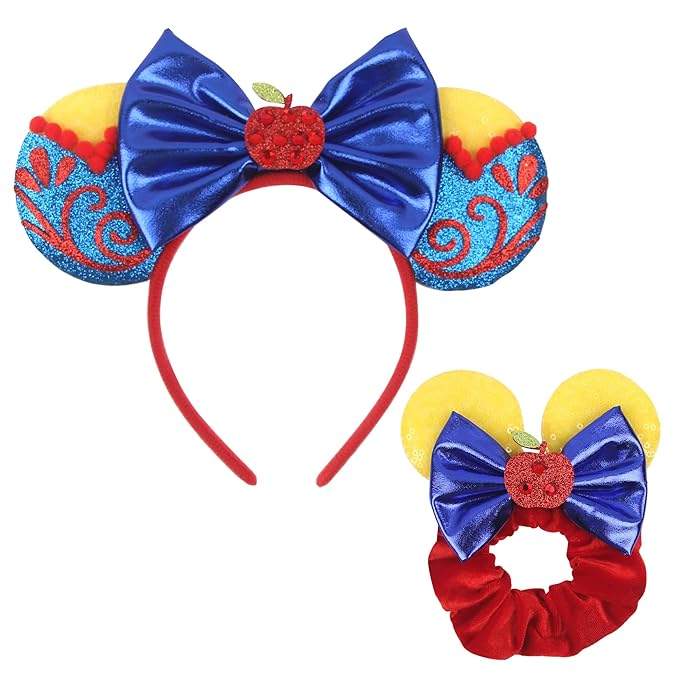 zhezesmila Shiny Mouse Ears Headband Snow White Scrunchies with Bow Princess Costume Headwear for Women Head Band Accessories for Carnival Party