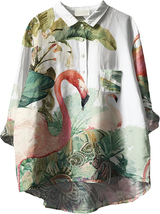 Womens Boho Tops 3/4 Long Sleeve Floral Blouses Hawaii Beach Button Down Shirts V Neck Pullover Casual Tunics