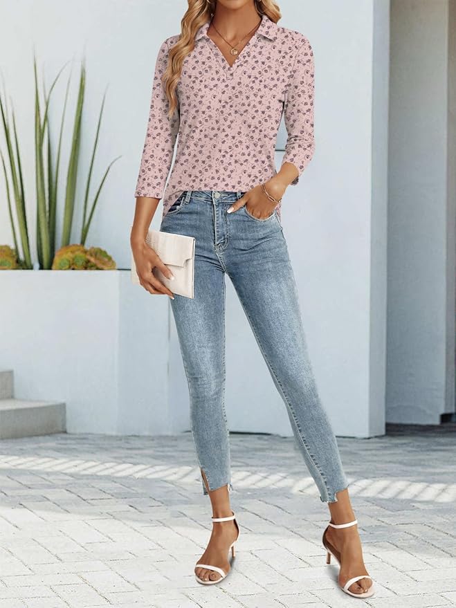 3/4 Length Sleeve Womens Tops Dressy Casual V Neck Polo Shirts Business Work Blouses 2025 Trendy Tunic Top