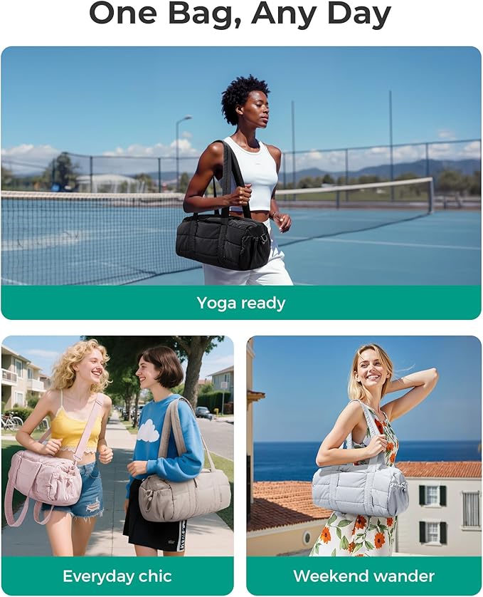 BAGSMART Reiki Gym Bag for Women, Medium Yoga Mat Crossbody Bag with Wet & Dry Pocket, Quilted Gym Shoulder Bag for Weekend, Black