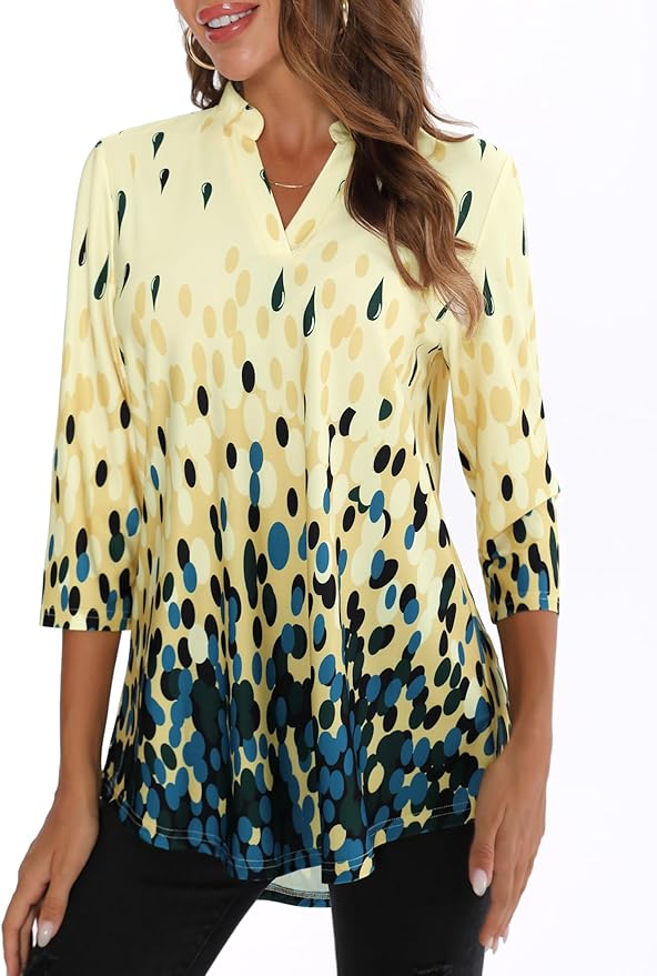 BAISHENGGT 3/4 Sleeve Tops for Women Notch V Neck Floral Work Blouses Dressy Casual Loose Fit Going Out Tunic Tops