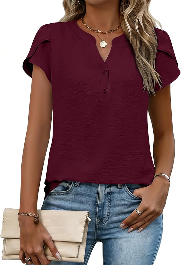 Zeagoo Womens Tops Dressy Casual Textured Blouses Cap Short Sleeve Shirts V Neck Button Up Summer Spring Work Tshirt Clothes