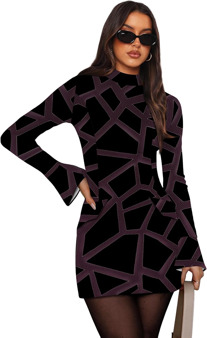 OFEEFAN Women's Fall Long Sleeve Mock Neck Dress Basic Party Club Bodycon Mini Dresses