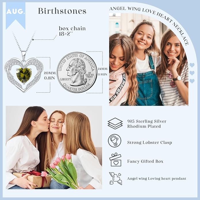 Jurikko Heart Necklaces Valentine's Gift for Women, Birthstone 925 Sterling Silver Angel Wings Love Pendant Necklaces for Women, Jewelry Gifts for Wife, Anniversary, Mother's day