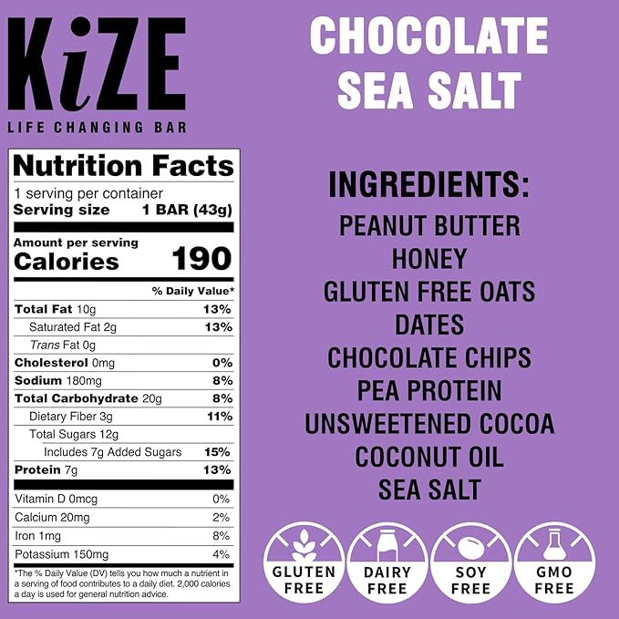 KiZE Energy Bars - Chocolate Sea Salt - Gluten Free, Dairy Free, Non-GMO, and High Protein Meal Replacement Energy Bars, Meal Bas, Clean & Simple Food Ingredients - 7g High Protein Snacks, (10 Count)
