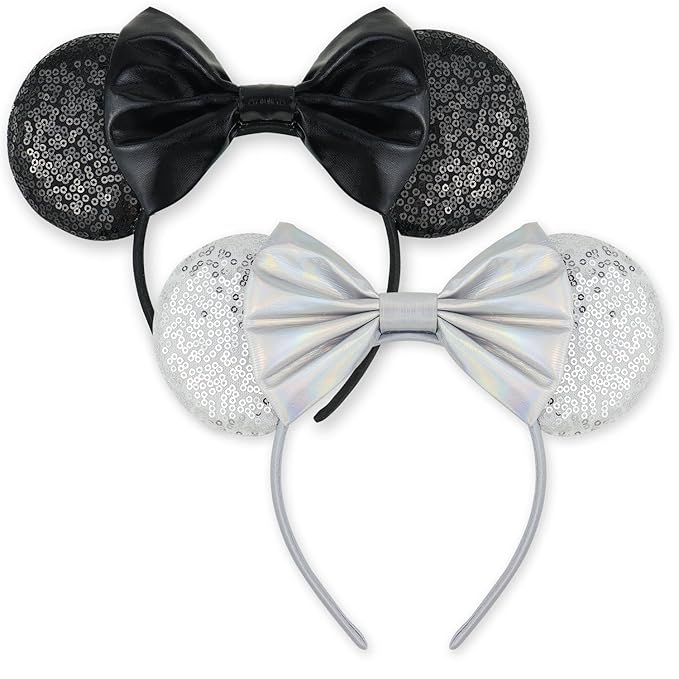 LIHELEI Mouse Ears Headband for Women, Black Headbands for Women Halloween Costume, Sequin Bows Headwear Hair Accessories-2pcs Silver+Black