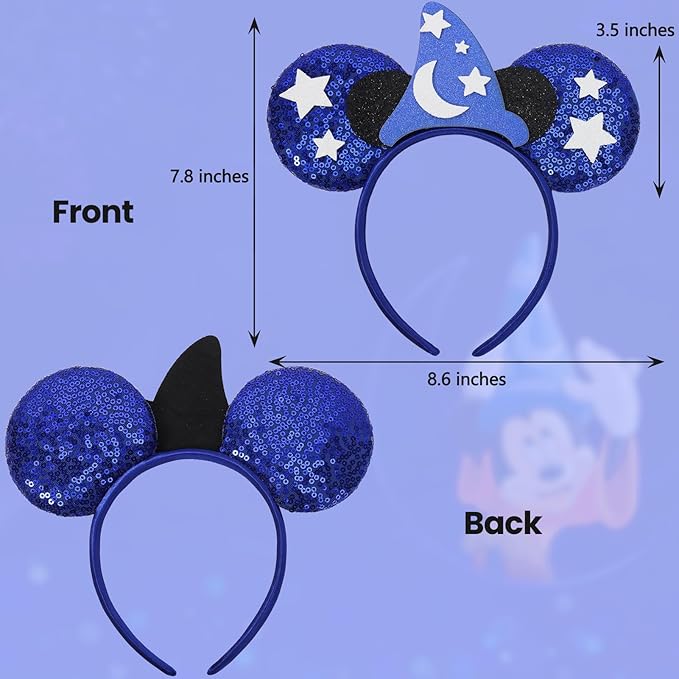 ETLUK Mouse Ears Headband, Blue Wizard Ears Sequin Bow Headband for Adult Kids Women Girls Boys, Parks Ears for Cosplay Accessories Party Decorations