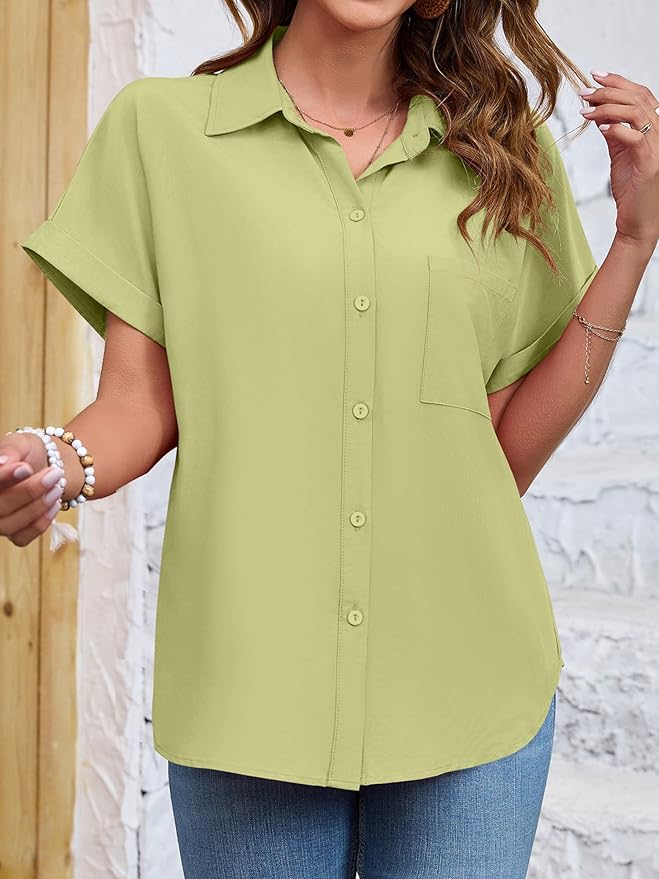 Womens Button Down Shirt Casual Short Sleeve Collared Work Blouse with Pocket