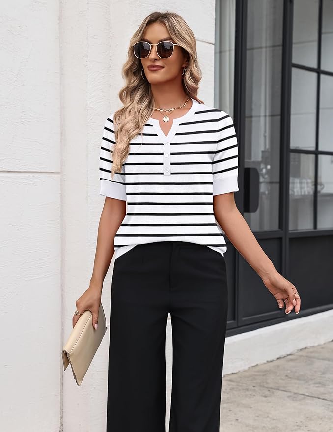 Zeagoo Women's Short Sleeve Sweater 2026 Spring Summer Tops Lightweight Casual V Neck Sweaters Dressy Work Blouses Clothes