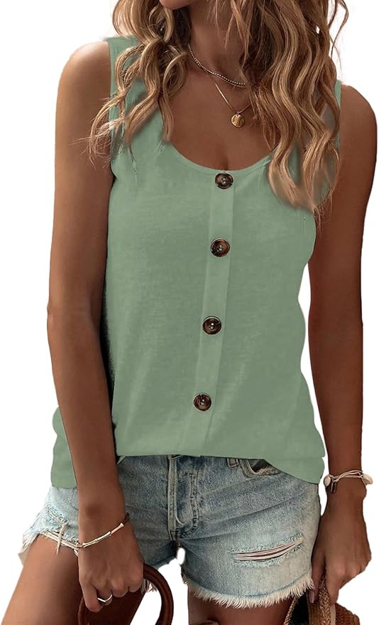 SHEWIN Womens Tank Tops Solid Button Crewneck Sleeveless Summer Tops Loose Fit