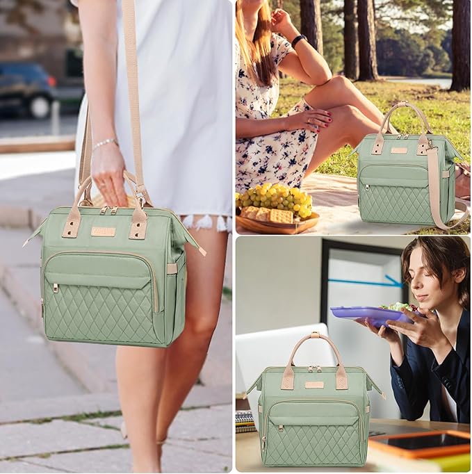 AIJIEKE Lunch Bag for Women, Leakproof & Insulated Work Lunch Box Tote, Reusable Adult Cooler Bag with Water Bottle Side Pocket & Removable Shoulder Strap, Green