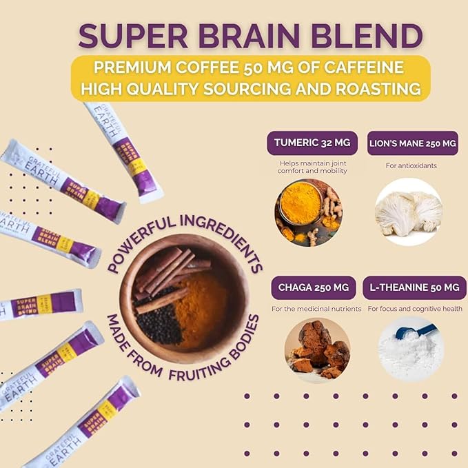 Grateful Earth Mushroom Coffee, Coconut Instant Coffee with Lion’s Mane Mushrooms, Chaga, Turmeric, L-Theanine, Cinnamon, Super Brain Blend For Energy & Immune Support, Dairy & Gluten Free, 20 Packets