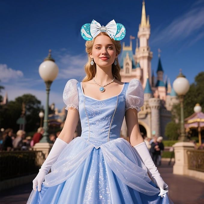 WW-WONDERFULWORLD Shiny Mouse Ears Headbands With Grey Bows & Crown & Sequin, for Mermaid Cinderella Costume Cosplay Glitter Party, Blue; 2GGX