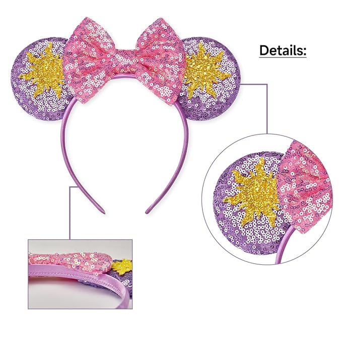 RAZKO Mouse Ears Headband, Sequin Rapunzel Mice Ears Hairband Mouse Hair Acessoreis for Women Girls (Sun Flower)