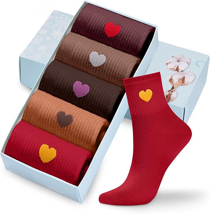 Corlap Women's Cute Cotton Crew Athletic Running Socks - Ankle High, Novelty Fun Heart Design 5-Pairs (Gift Box)