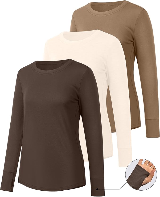 Huukeay 3 Pack Women's Long Sleeve Shirts with Thumb Holes, Cotton Casual Crew Neck Tunic Tops Fall Loose Y2k Trendy Outfits