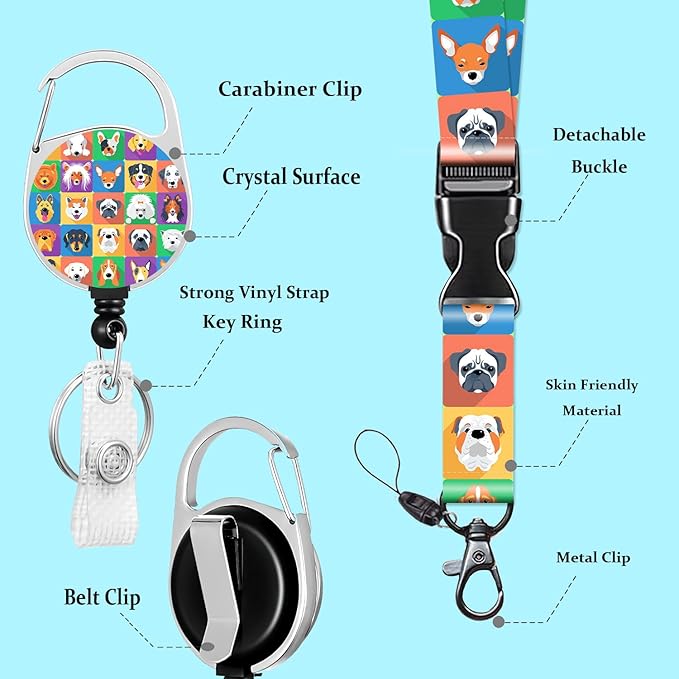 ID Badge Holder with Lanyard Fashionable ID Card Holders with Retractable Lanyards Soft Fiber Metal Clip Sturdy Buckle for Key Wallet Work Nurse Teacher Cute Fun Dog