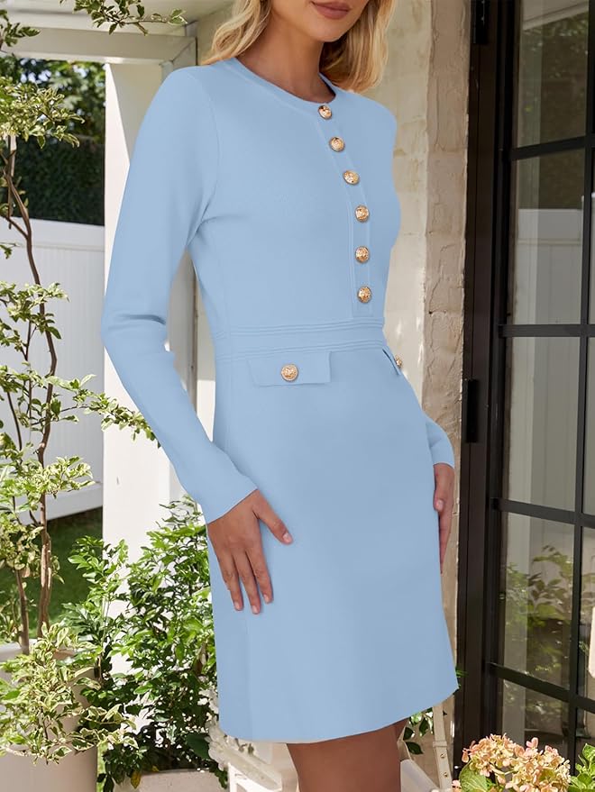 NENONA Women's 2026 Long Sleeve Fall Winter Sweater Dress Spring Fashion Button Elegant Business Casual Work Mini Dresses