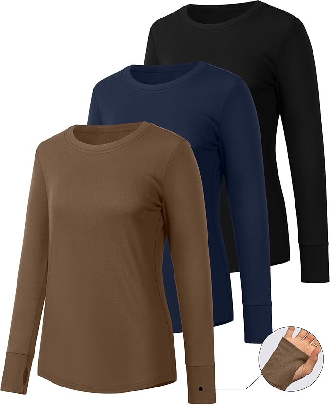 Huukeay 3 Pack Women's Long Sleeve Shirts with Thumb Holes, Cotton Casual Crew Neck Tunic Tops Fall Loose Y2k Trendy Outfits