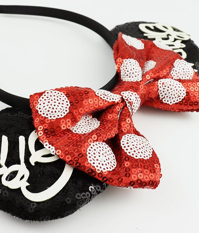 LIHELEI Mouse Ears Headband for Birthday Women, Sequin Mouse Ears for Women Princess Birthday Party Halloween Costume, Shiny Park Ears for Adult - Red and Black