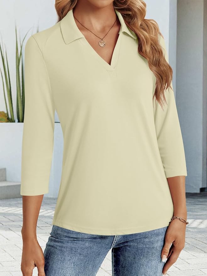 3/4 Length Sleeve Womens Tops Dressy Casual V Neck Polo Shirts Business Work Blouses 2025 Trendy Tunic Top