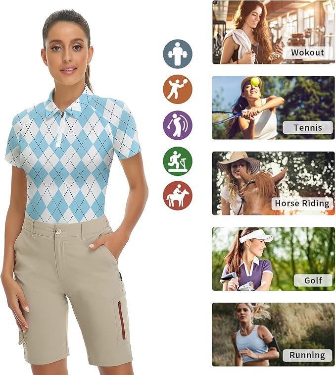 Women's Golf Shirt Short Sleeve Tennis Shirt Quarter Zip Golf Pullover Golf Polo Shirts Argyle Tops