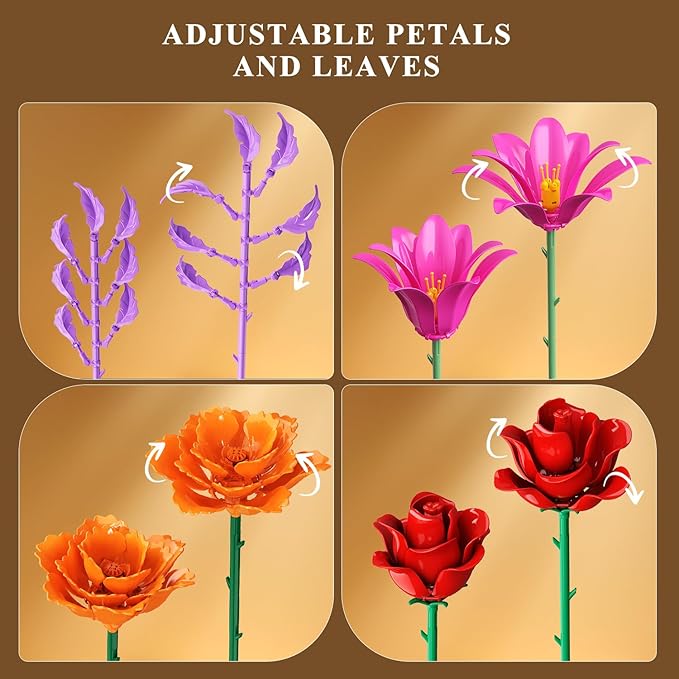 CUBIMANA Valentines Flowers Bouquet Building Set with LED Light, 21 Flower Botanical Collection Block Toy, Rose Lily Home Plant Decor 1054PCS, Gifts for Her Adults Women Mom Kids Girls 12+ (RED)