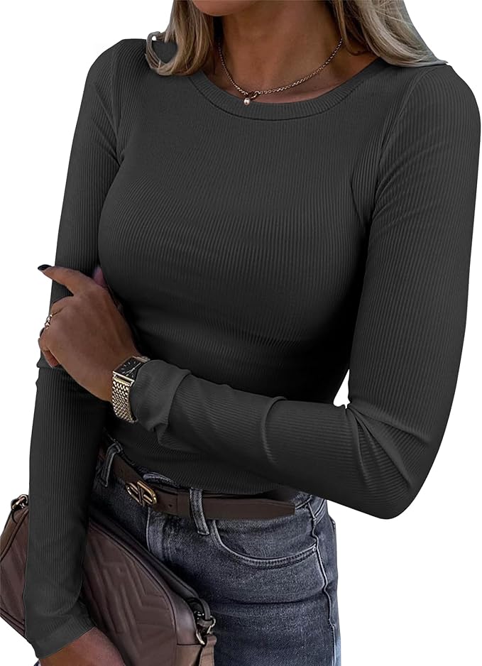 Roselux Womens Long Sleeve Stretch Crewneck Ribbed T-Shirt Fitted Casual Basic Tops