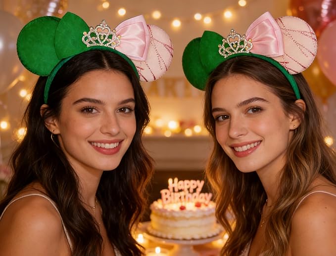 WW-WONDERFULWORLD Witch & Fairy Mouse Ears Headband, Green and Pink Two-Tone Design, Crystal Crown Tiara, Halloween Costume Accessory, for Birthday Party, Daily Fashion Headwear