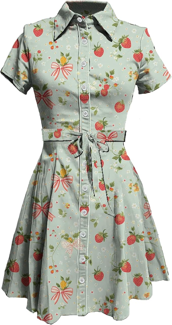 MARSVOVO Cute T Shirt Dress for Women Short Sleeve Button Up Tie Waist Elegant Casual Collared Smocked Midi Dress