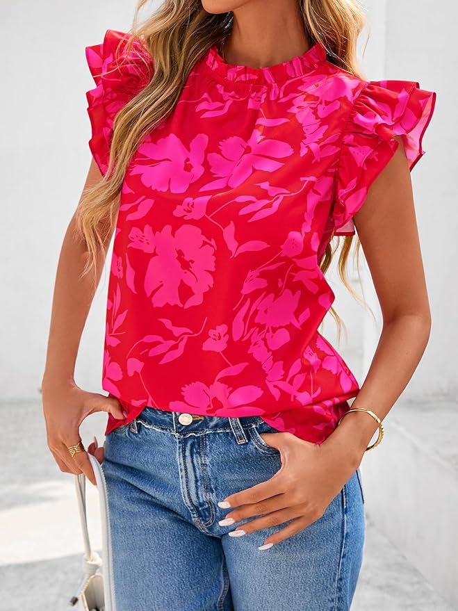 PRETTYGARDEN Women's Ruffle Short Sleeve Summer Tops 2026 Trendy Floral Trim Neck Casual Dressy Chiffon Boho Blouses Shirts