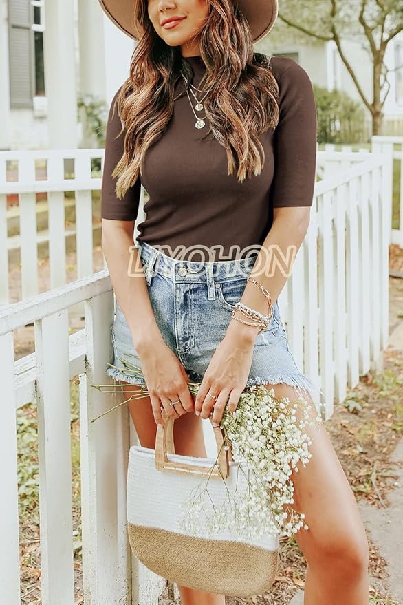 LIYOHON Womens Tops Dressy Casual Mock Turtleneck Business Short Sleeve T Shirts Going Out Tops 2026