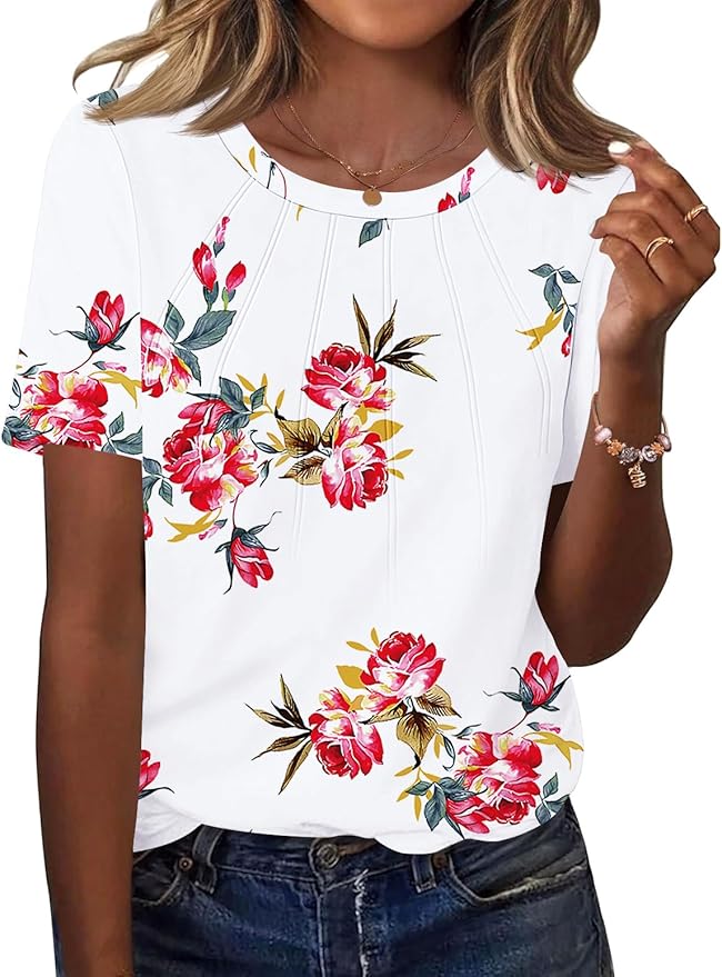 Kistore Womens Casual Crew Neck Short Sleeve Pleated Tops Blouses Fashion Clothes 2026
