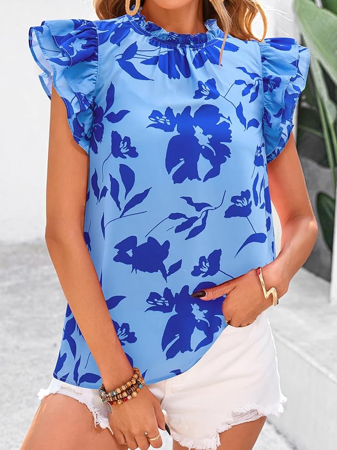 PRETTYGARDEN Women's Ruffle Short Sleeve Summer Tops 2026 Trendy Floral Trim Neck Casual Dressy Chiffon Boho Blouses Shirts
