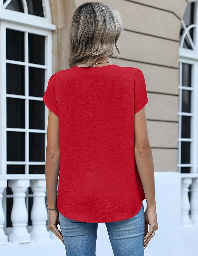 Zeagoo Womens Tops Dressy Casual Textured Blouses Cap Short Sleeve Shirts V Neck Button Up Summer Spring Work Tshirt Clothes