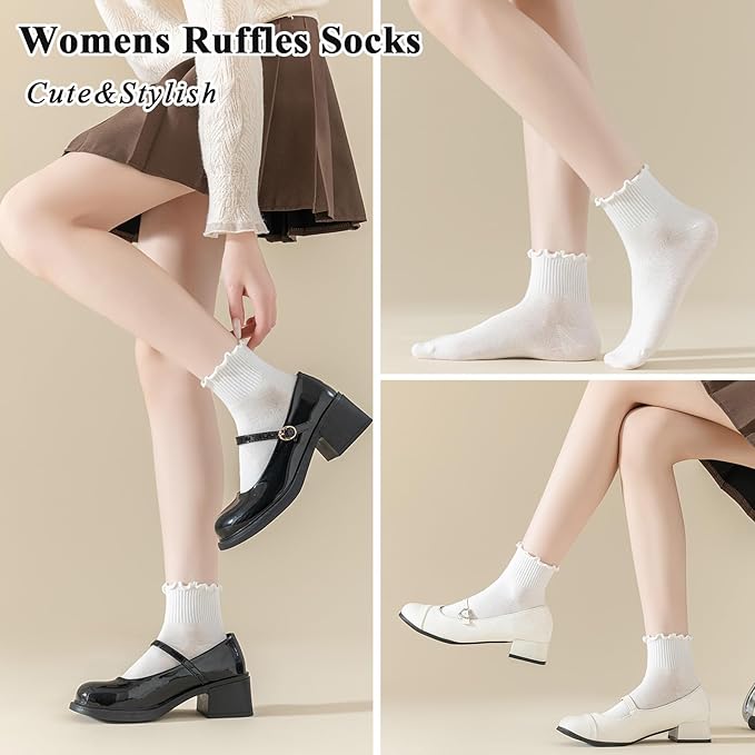 BIVOLU Womens Ankle Socks Ruffle Cotton Cute Frilly Trim Breathable Ankle Ruffled Socks 6 Pack