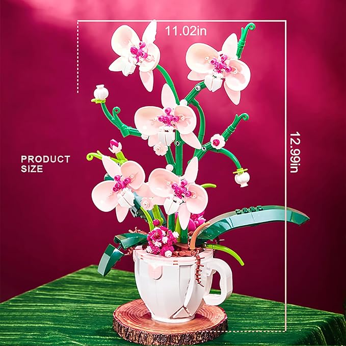iixeal Pink Orchid Flower Building Set for Adults, Coffee Cup Orchid Botanical Collection Plant Building Kit, Home and Office Decor Gift for Christmas Day, Valentines, Birthday 567pcs