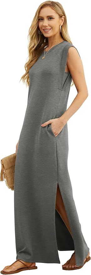 GRECERELLE 2026 Women Year-Round Casual Round Neck Loose Split Wrinkle-Free Long Maxi Vacation Dress with Pockets (XXS-4XL)