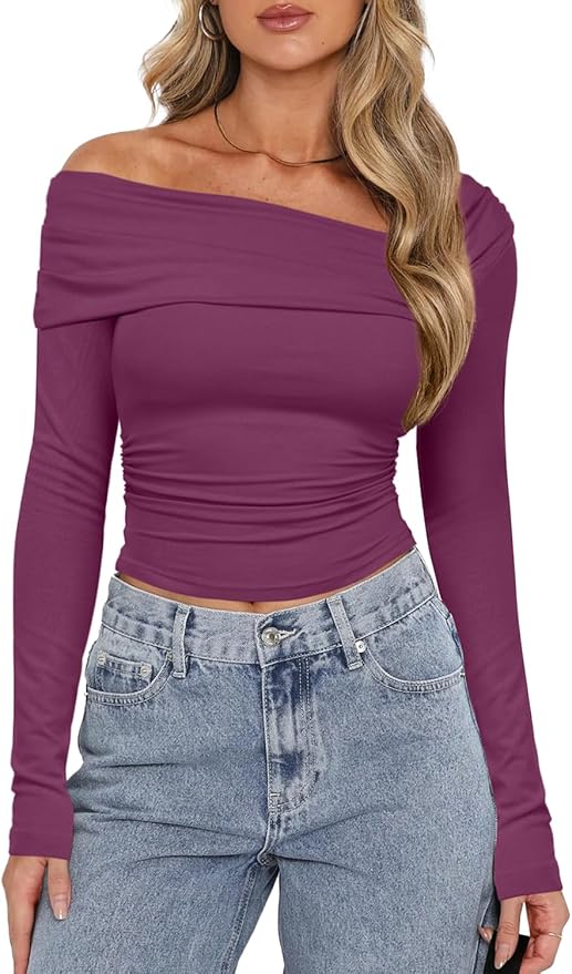 Darong Women's Off Shoulder Tops Y2K Shirt Slim Fit Ruched Crop Top Long Sleeves Spring Fall Blouse Going Out Shirt