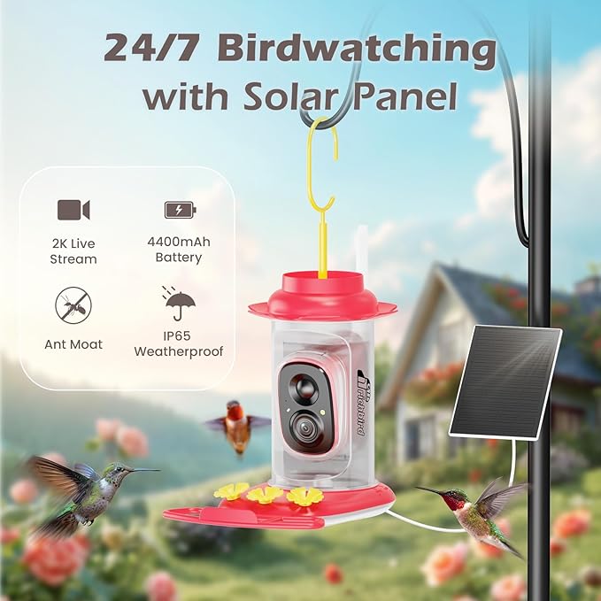 Smart Hummingbird Feeder with Camera Solar Powered, AI Identify, Instant Notification, Leakproof & Ant Moat Bird Feeder with Camera, Hummingbird Feeders for Outdoors, Gift for Bird Lovers (20 oz)