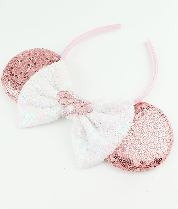 LIHELEI Mouse Ears Headband for Princess, Salmon Pink Sequin Mouse Ears for Princess Birthday Party Halloween Costume, Shiny Park Ears for Adult - Salmon headband