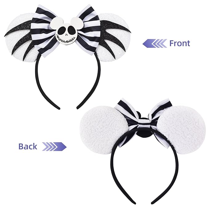 Seamoy Sequin Mouse Ears Headband,Nightmare Inspire Mice Ears Hairband, Ghost Jack Mickey Ears, Sparkle Halloween Hair Accessory (Halloween Evil)