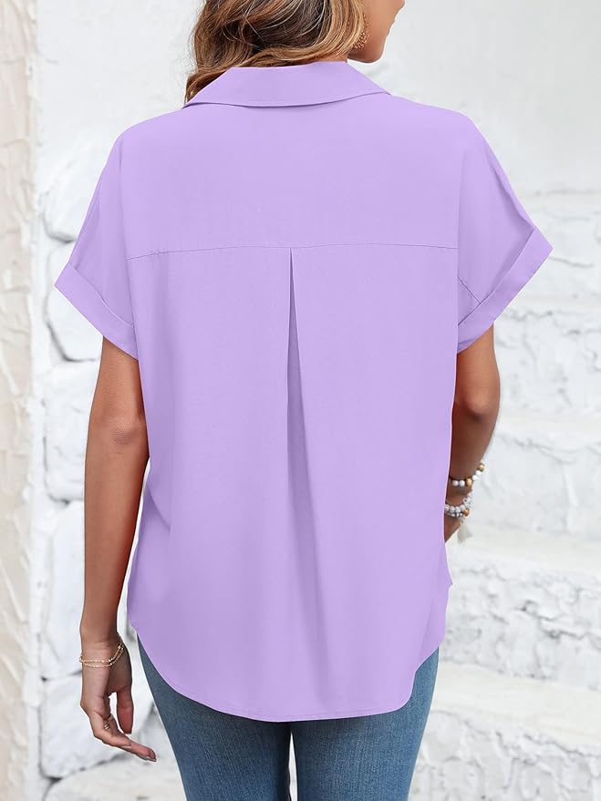 Womens Button Down Shirt Casual Short Sleeve Collared Work Blouse with Pocket